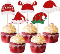 Xsstarmi 30 Ziemassvētku vecīša cepure Cupcake Toppers Glitter Santa Hat Elve Hat Cupcake Picks Ziemassvētku tēma Happy New Year Birthday Party Cake Dekorācijas piederumi