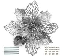 DWTECH 16 gabali Puansetijas ziedi Mākslīgās puķes Glitter Poinsettia Ziemassvētku vainags Ziemassvētku eglītes rotājumi Ziemassvētku rotājumiem (16 cm) (sudraba)