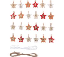 Rayher 46719000 Adventes kalendāra koka skaitļi, koka nagliņas ar zvaigzni, 4 x 4,8 cm, skaitļi Adventes kalendāram 1-24, zvaigzne uz klipa, ar auklu