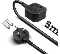 Einzelstecker-Verlängerungskabel, 5 m, 1-Gang-Steckdose, Überspannungsschutz mit 2 Ersatzsicherungen, 13 A, 3 kW, 230 V, für den Außenbereich, Garten, Schwarz