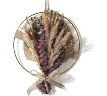 Optyuwah Ziedu vainags, Durvju vainags, Žāvētu ziedu vainags ar zelta metāla gredzenu, 33 cm garš un 7 dažādi kaltēti ziedi, Boho logu rotājums, Piekaramais rotājums, Žāvētu ziedu gredzens sienai, durvīm