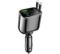 Izvelkams auto lādētāja adapteris, 5 in 1 auto lādētājs, īpaši ātra uzlāde ar 2 izvelkamiem kabeļiem (7m) un sprieguma displeju, 5 pieslēgvietas (USB/2PD/Type-C/2.4A), saderīgs ar iPhone