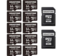 GIGASTONE 64GB MicroSDHC atmiņas karte 10 gab. iepakojumā + SD adapteris rīcības kamerām, GoPro, droniem un planšetdatoriem, nolasīšanas ātrums līdz 90MB/s, Full HD video ierakstīšana, Micro SD karte UHS-I Class 10 U1