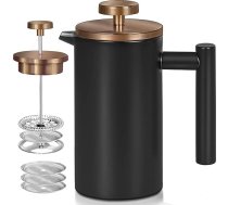 WORBIC Cafetiere franču preses kafijas automāts, 1500 ml, izolēts nerūsējošais tērauds ar dubultām sieniņām, 3 pakāpju filtra sistēma, franču preses automāts mājām, kempingiem un birojam, (melns, 1,5 l)