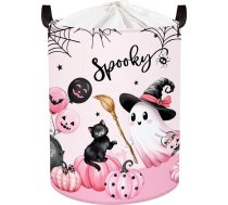 HUUMONSS Spooky Halloween bērnu uzglabāšanas grozs Ghost Bat Pumpkin Salokāms zēniem meitenēm Liels drēbju rotaļlietu veļas grozs bērnu istabas vannas istabai, rozā Haunted House, 40 x 50 cm