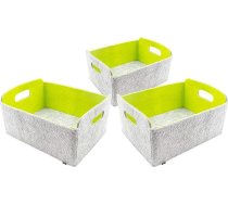 3 salokāmu glabāšanas grozu komplekts no mazgājamas filca plēves, raibi pelēks/zaļš, 30 x 24 x 15 cm, organizatora kaste, plauktu kaste, saliekamā kaste, rotaļlietu grozs, filca grozs.
