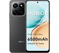 HONOR 400 Smart 4G viedtālrunis Dual SIM NFC Android 15, 6+128 GB, 6500 mAh divu bateriju akumulators, 108 MP + 2 MP ar AI pogu, 6,77 collu 120 Hz ērts displejs, 5 zvaigžņu SGS un IP65, samtaini melns
