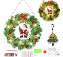 5D dimantu krāsošanas komplekts, DIY durvju vainags Ziemassvētki ar LED lampu jostas atslēgu gredzenu pakaramais ķēdes dimanta pildspalva Ziemassvētku apaļais vainags Ziemassvētku vainags Ziemassvētku vainags pieaugušajiem bērniem Ziemassvētk