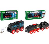 BRIO 33599 Akumulatora lokomotīve ar mini USB, krāsaina un pasaule 33884 Akumulatora tvaika lokomotīve ar ūdens tvertni, lokomotīve ar reāli vēsu tvaiku un ūdens tvertni uzpildīšanai, ieteicams no 3