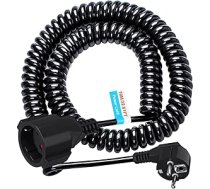 10 m pagarinājuma kabelis, aizsargkontaktu Schuko spirālveida kabelis, stiepjams līdz 10 m, IP20 pagarinājuma kabelis (230 V/16 A), spirālveida kabelis 3 x 1,0 mm² ar Schuko kontaktdakšu un savienotāju, melns