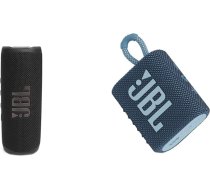 JBL Flip 6 Bluetooth kaste melnā krāsā, ūdensnecaurlaidīgs portatīvais skaļrunis un GO 3 maza Bluetooth kaste zilā krāsā, ūdensnecaurlaidīgs portatīvais skaļrunis ceļošanai, 1 gab. iepakojumā
