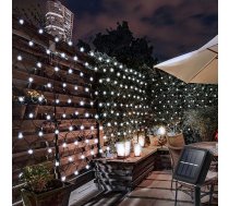 Saules LED gaismas tīkls, ūdensizturīgs 200 LED saules gaismas diodes, 3 x 2 m āra gaismas aizkars, 8 režīmi, 8 režīmi, dekoratīvā gaisma Ziemassvētkiem, dārzam, ballītei, kāzām, guļamistabai (balta)