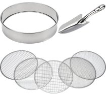 Nerūsējošā tērauda Riddle sietiņa komplekts Dārza augu sietiņš 12" diametrs ar 5 maināmiem filtra acu izmēriem 3,6,9,10,12 mm un lāpstiņu