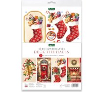 Katy Sue Deck The Halls dekupāžas komplekts - 12 iepriekš izgrieztas dekupāžas loksnes Ziemassvētku atklātnēm, aksesuāriem un kartīšu papildinājumiem - ietilpst zeķes, zvaniņi un svētku ainas