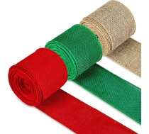 Whaline 25 jardi Ziemassvētku vadu malas lentes 3 krāsas Džutas lente 2,5 collu sarkanzaļa, zaļa, dabiska amatniecības lente Rustic Dekoratīvā lente dāvanu iesaiņošanai Vainags Ziedu kompozīcija Loks