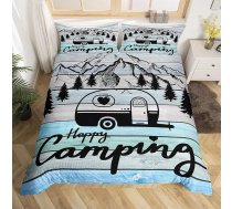 Loussiesd Camper gultas veļas komplekts, Happy Camping gultas veļa, 135 x 200 cm, Motorhome, auto, RV kempinga segas pārvalks, koks, Grain Blue Decor gultas veļa meitenēm, zilā krāsā, zēniem, bērniem, lauku sētas stila sega