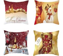 CavspkArt Pack of 4 Ziemassvētku rotājumi spilvenu pārvalki Sarkans kokvilnas Ziemassvētku spilvenu pārvalki Sniegavīrs Elks Ziemassvētku dekoratīvie dīvāna spilvenu pārvalki Ziemassvētku kvadrātveida spilvenu pārvalki Mazgājams 45 x 45 cm