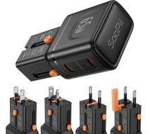 SooPii universāls ceļojuma adapteris, GaN 65 W barošanas avots ar 2 USB-C pieslēgvietām, starptautisks barošanas avots, "viss vienā" ceļojuma lādētājs ar ASV, Lielbritānijas un ES AU kontaktdakšu iPhone 16/15, Galaxy S25/S24, iPad un citiem i
