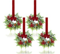 Mazs Ziemassvētku vainags - Mini vainagi ar sarkano ogu priedes Eikalipta Ziemassvētku vainagi durvju virtuves skapīšiem logu kamīna dekorēšanai Pack of 4