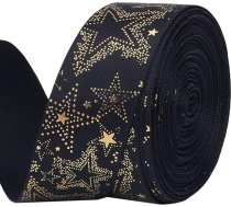 9,14 m Grosgrain lentes ar melnām zvaigznēm Ziemassvētku folijas drukāšanas traipu virtene Glitter Wire Ziemassvētku vainags Painted Dekoratīvā lente ar austu malu iepakojuma dāvanas dāvanas amatniecība Šūšana