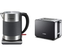 Bosch TWK7S05 Bezvadu tējkanna, automātiskā izslēgšanās, 1,7 l, 2200 W, melna/pelēka & ster ComfortLine TAT7203, integrēts nerūsējošā tērauda bulciņu piederums, 1050 W, nerūsējošais tērauds/melns