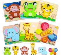 lenbest 6 gabali bērnu koka puzle, spilgts fons puzzle koka Montessori rotaļlieta, 3D netoksiska dzīvnieku puzzle mācību rotaļlieta Ziemassvētku dzimšanas dienas dāvana mazuļiem bērniem
