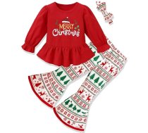Glaoly Toddler meitenes Ziemassvētku apģērbs drukāts Ruffle Top Bell Bottom bikses Cute Bow Headband bērnu apģērbs 18M 5T