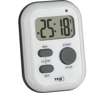 TFA Dostmann 38.2053.02 Digitālais taimeris ar hronometru, skaņas signāls (skaļš)/vibrācija/mirgojoša gaisma, virtuves taimeris, olu taimeris, sportam, eksāmeniem vai nedzirdīgajiem, ieslēgšanas/izslēgšanas slēdzis, balts