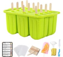 Yhywcy Popsicle formiņu komplekts, silikona 12 dobumu mājas ledus veidnes, viegla atbrīvošana ar 50 popsicles, 50 maisiņi uz kociņa, 50 lentes, tīrīšanas piltuve un birste (zaļa)
