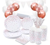 Rose Gold Party Supplies, 97 gabali Rose Gold Dot Party galda piederumi Papīra šķīvji, salvetes, tasītes, galdauts, baneri, Rose Gold balons kāzām, jubilejai, vecmeitu ballītei (16 viesi)