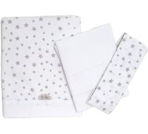 Ti TIN trīsdaļīgs gultas piederumu komplekts bērnu gultiņai, 50 x 80 cm, segas pārvalks + galda pārklājs ar elastīgu lenti + spilvendrāna pārvalks, 100% kokvilnas popliņš bērnu gultiņai, zvaigžņu motīvs, pelēks