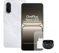 OnePlus Nord CE5 viedtālrunis, 8 GB RAM, 128 GB atmiņa, 6,77 collu, 120 Hz AMOLED, 50 MP OIS, 5200 mAh akumulators, ar 80 W lādētāju un Nord Buds 3 Pro, balts