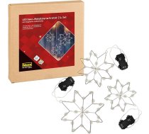 Idena 31810 LED dekoratīvās zvaigznes ar iebūvētām pasaku gaismiņām silti baltā krāsā, 3 kristāla luminiscējošu zvaigžņu komplekts no metāla, ar 6 stundu taimera funkciju, darbojas ar baterijām, izmantošanai iekštelpās un ārā,