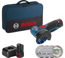 Bosch profesionālā akumulatora leņķa slīpmašīna GWS 12V-76 (12 V sistēma, 5 atdalīšanas un slīpēšanas disku komplekts, maisiņā), zila, ar 2 x 2,0 Ah akumulatoriem
