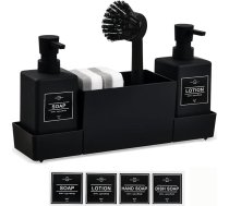 Mazgāšanas šķidruma dozators virtuves komplekts, izlietnes organizators melns ar birstes un sūkļa turētāju, 350 ml ziepju dozators, virtuves organizators no plastmasas, trauku ziepju dozators ar pilienu paplāti un tīrīšanas līdzekli