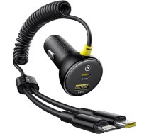 USB-A USB-C auto lādētājs ar iPhone Lightning USB-C kabeli 60W 1,4 m - melns