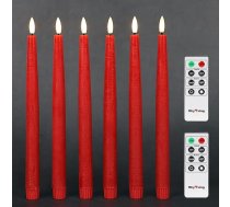 Rhytsing 6 nedegošas LED sveces galda sveces sarkanas ar taimera funkciju, katra 29 cm augsta, ar silti baltu gaismu, 2 tālvadības pultis komplektā
