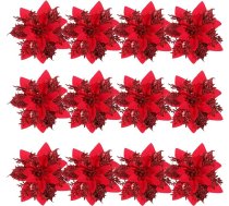 NUOBESTY 12 Pack Glitter Poinsettia Ziedi Ziemassvētku eglītes rotājumi Ziemassvētku vainags Puses rotājumi Ziemassvētku pusei Piekaramais ziedu rotājums