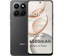 HONOR 400 Smart 5G viedtālrunis Dual SIM NFC Android 15, 4 + 128 GB, 6500 mAh divu šūnu akumulators, tūlītēja AI poga, 6,77 collu 120 Hz ērts displejs, 5 zvaigžņu SGS un IP65, 50 MP + 2 MP, samtaini melns