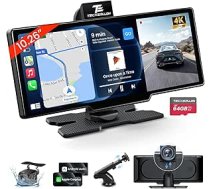 10,26 collu bezvadu Carplay un Android auto, Apple Car Play displejs ar 4K Dashcam un 1080P aizmugures kameru, Android auto displejs ar GPS navigāciju, Mirror Link AUX FM 64G TF