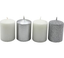 Dekohelden24 Adventa sveces, stabiņa sveces, Adventa vainaga sveces, galda sveces, blokveida sveces, galda sveces sudrabaini baltā krāsā, iepakojumā 4 gab., D/Š/R 5 x 5 x 7 cm