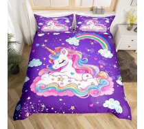 Homemissing Bērnu vienradzis gultas veļas komplekts 135 x 200 cm Violeta varavīksnes vienradzis sega segu komplekts sievietēm meitenēm Dreamlike zirgu drukātā gultas veļa Galaxy Magic Animals Decor
