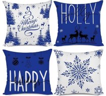 Miaikoe Blue Christmas Cushion Covers 50x50 cm komplekts 4 Ziemassvētku rotājumi Happy Holidays Holly Jolly Snowflake Merry Christmas Decor Throw Pillow Case for Home Couch Sofa Decor