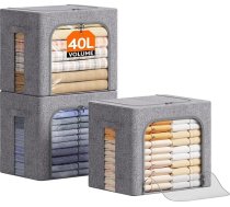 Lifewit 40L uzglabāšanas kaste ar vāku, drēbju uzglabāšanas kaste, salokāma drēbju glabātuve ar metāla rāmi, auduma kaste ar rokturiem un logu, uzglabāšanas skapis, 3 komplekti, gaiši pelēka krāsa