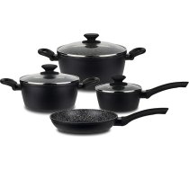 Linnuo katlu pannu komplekts 7 gabali - 3 katli ar stikla vāku un 1 panna - alumīnija katlu komplekts marmora trauku gatavošanai ar keramikas pārklājumu bez PFOA - katlu komplekts piemērots visām plītīm - rokturis nav karsts - melns