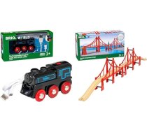 BRIO 33599 Akumulatora lokomotīve ar mini USB, krāsains un 33683000 piekaramais tiltiņš