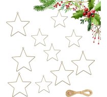 10 metāla gredzenu zvaigžņu komplekts, 20 cm un 15 cm metāla zvaigznes ar 10 m džutas auklas, Ziemassvētku rotājumi zvaigžņu formā, DIY sapņu ķērājs, zelta metāla zvaigžņu komplekts griestu rotājumiem, logu rotājumiem,