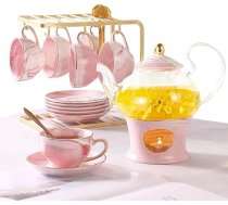 COOSKIN 21 gab. tējas servīze mazām meitenēm no 5 gadu vecuma ar rokām darināts tējas ziedu komplekts Porcelāna rozā marmors ar 6 krūzītēm/rozā krūzes/karotītēm/karotītēm, stikla tējkanna ar plauktu/uztvērēju/karsētāju