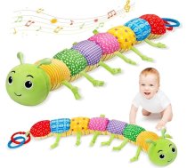 Accevo Baby Muzikālā multisensoru kāpurķēde, plīša rotaļlieta ar aktivitātēm, rotaļlieta ar grabulīšiem, grabulīšiem un tekstūrām, rotaļlieta jaundzimušajiem 0-3-6-12 mēnešu zēniem, zila, meitenēm