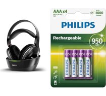 Philips SHD8850/12 Bezvadu austiņas ar austiņām uz ausīm (atvērtas, 30 m diapazons), melnas & Philips R03B4A95/10 uzlādējama AAA baterija (950 mAh, 1,2 V, 4 gabaliņu iepakojums)